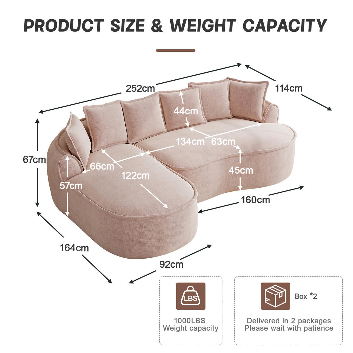ECKSOFA chenille mit extra tiefer chaiselongue & rahmenlosem design - Pink, Textil (252/164cm) - Urban Meuble