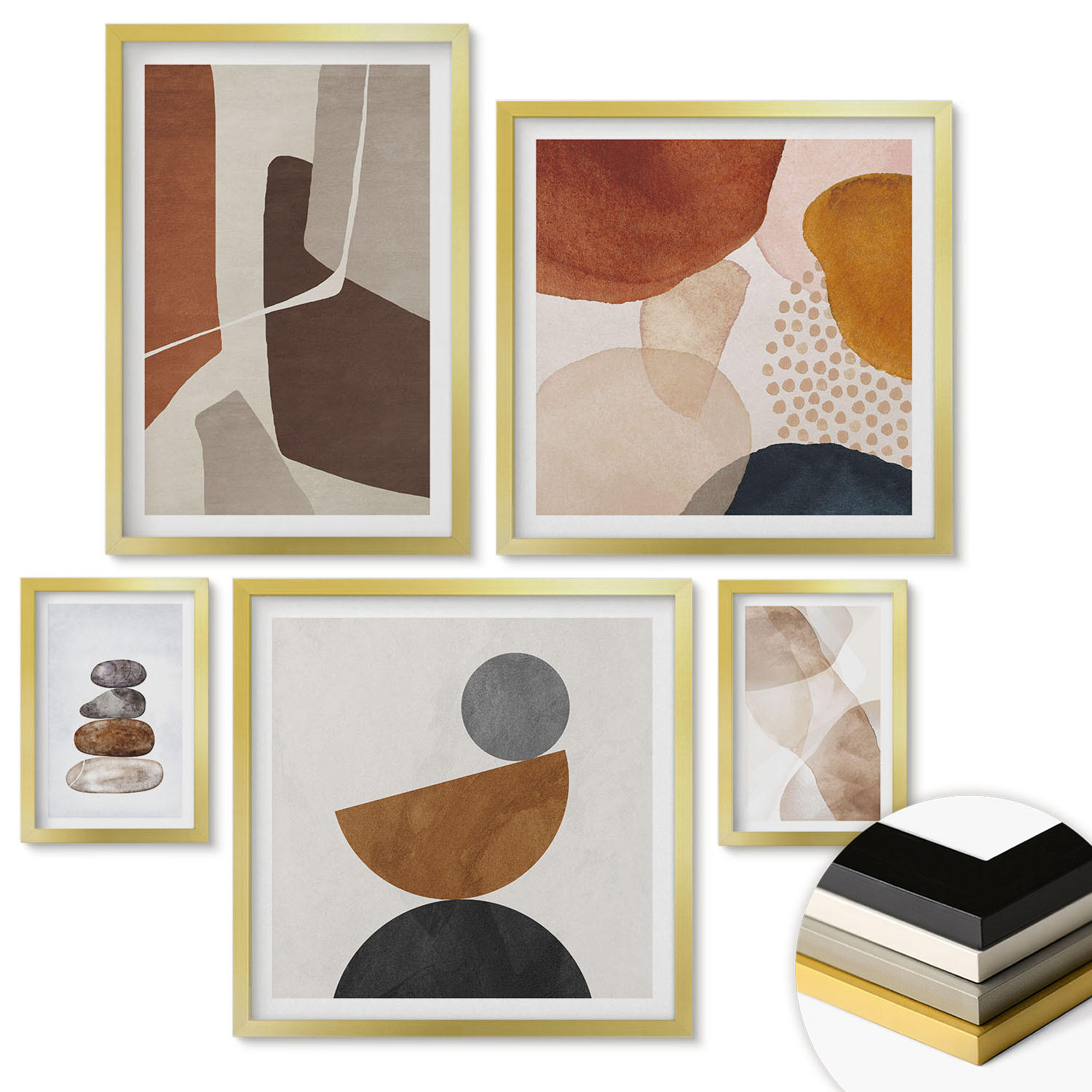 WANDBILDER 5er Set - 50x50 cm & 20x30 cm & 40x60 cm Goldrahmen - Abstrakte Malerei Dekorationen - Goldfarben, Kunststoff (40/60cm) - ArtPrintCave