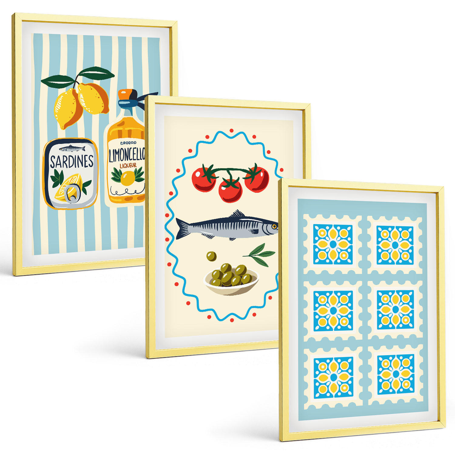 BILDER SET 3er Set - 40x60 cm Goldrahmen - Illustrationen von Küchen im mediterranen Stil - Goldfarben, Kunststoff (40/60cm) - TULUP