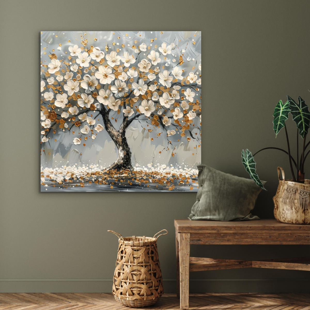 KOVOVÝ OBRAZ Strom - Kvety - Biela - Príroda - Umenie 90x90 cm - biela, kov (90/90cm) - MuchoWow