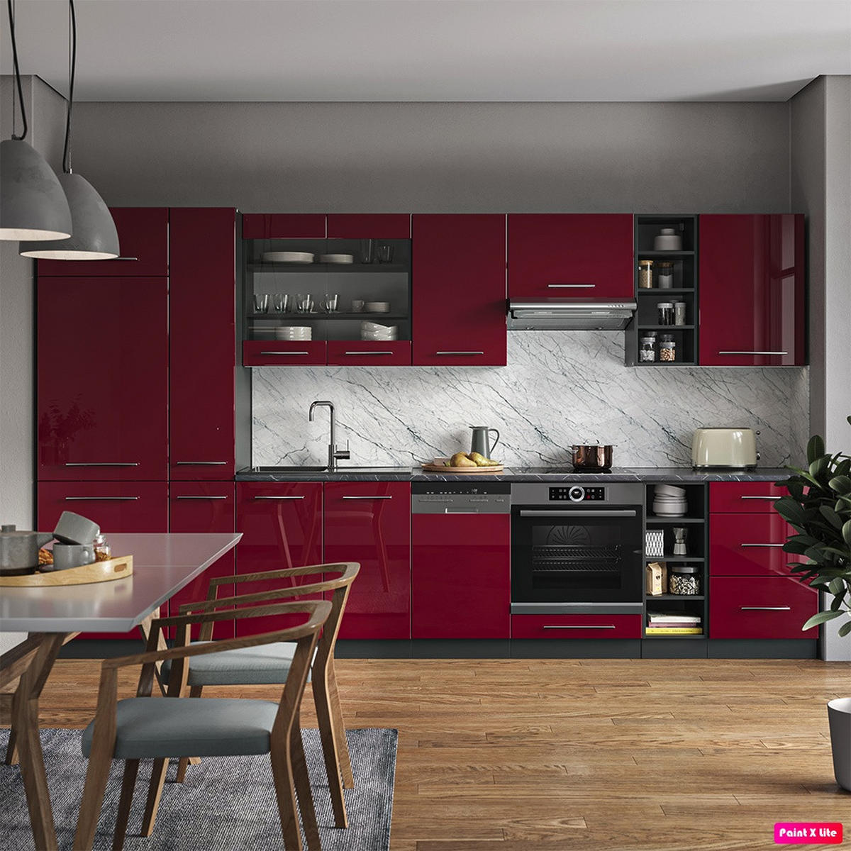 KÜCHENZEILE Fame-Line Bordeaux Hochglanz/Anthrazit 355 cm , AP Marmor - Bordeaux/Anthrazit, Holzwerkstoff (355/206.8/60cm) - Vicco