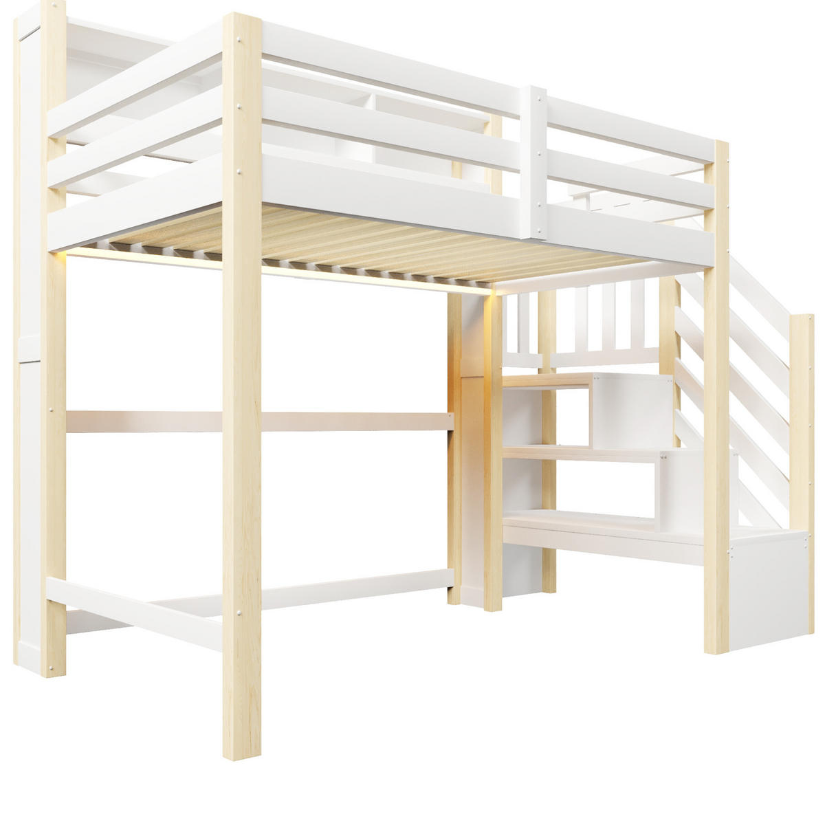 HOCHBETT 90/200 cm Weiß Natur mit LED, Stauraum ohne Matratze - Weiß, Holz (90/200cm) - MIVRAY