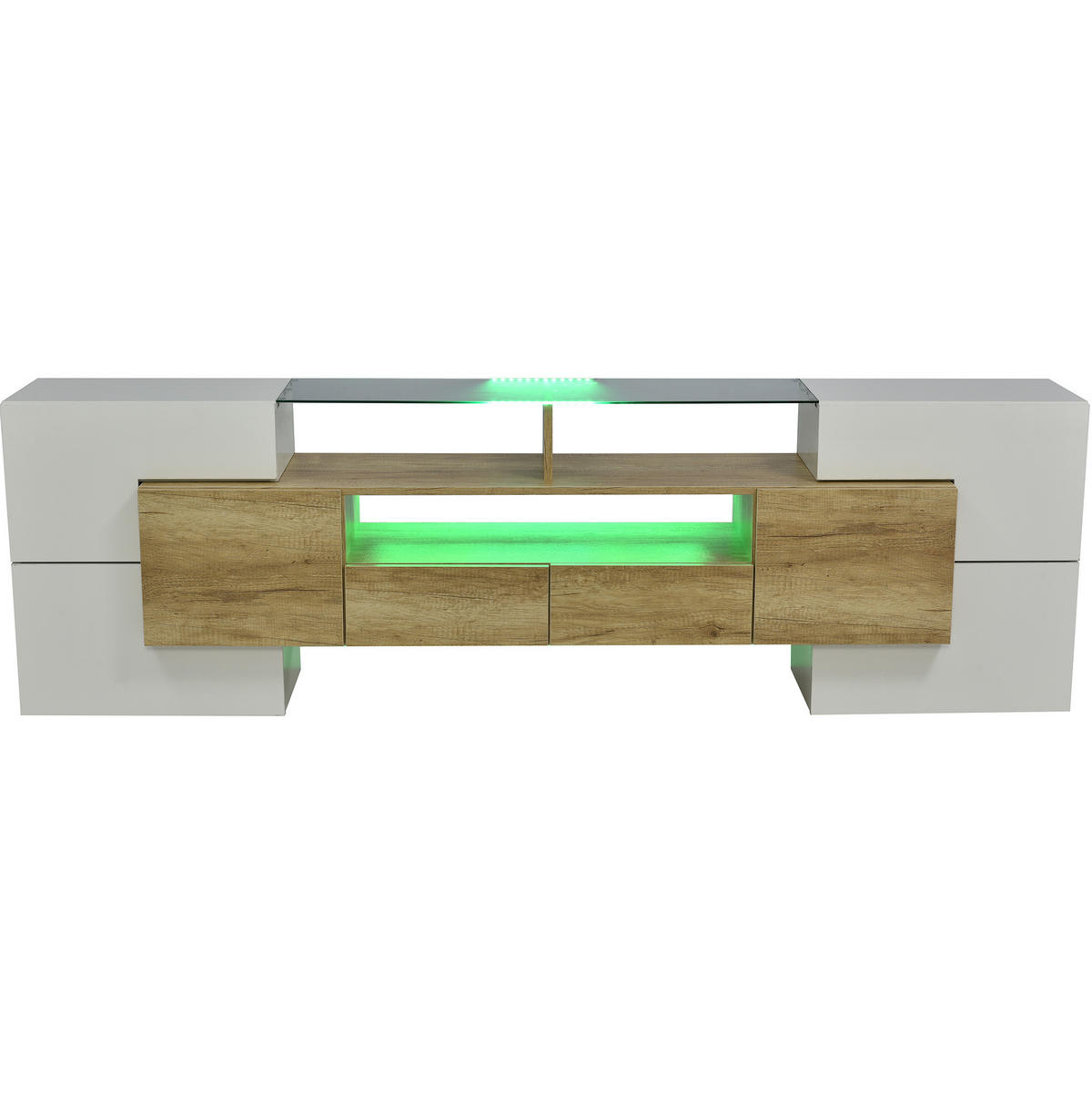 TV komoda 200/35/60 cm bijelo-prirodna od MDF-a s LED rasvjetom i velikim prostorom za odlaganje - bijela, drvni materijal (200/60/35cm) - OKWISH