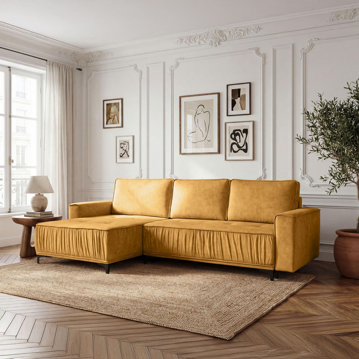 ECKSOFA Velora mit Schlaffunktion & Stauraum, Universell Rechts/Links, Senfgelb Samt 270/92/150 cm - Gelb/Schwarz, Textil/Metall (270/150cm) - WFL GROUP