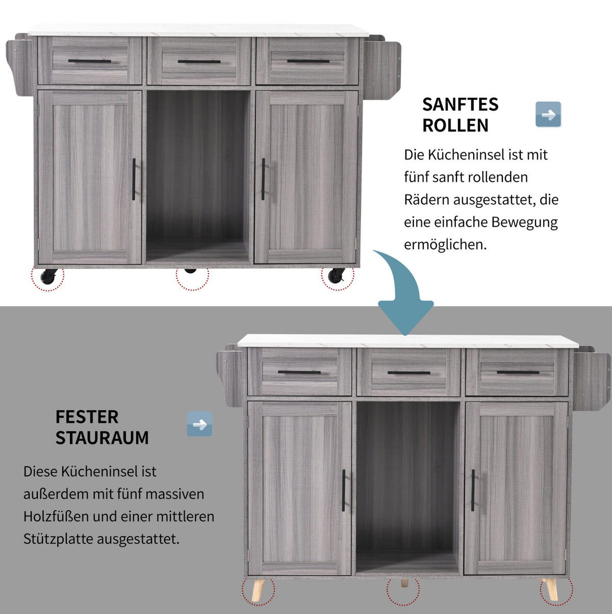 KÜCHENINSELWAGEN 139x71x91.5cm Grau mit Falttisch, Schubladen & Rollen - Grau, Holzwerkstoff (139/91.5/71cm) - Modfu