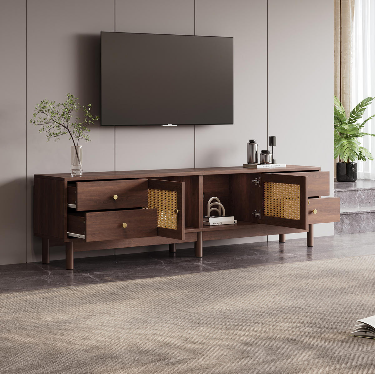 TV-SCHRANK 180/35/44 cm braun Spanplatte mit Rattantüren und 4 Schubladen - Rotbraun, Holzwerkstoff (180/44/35cm) - OKWISH