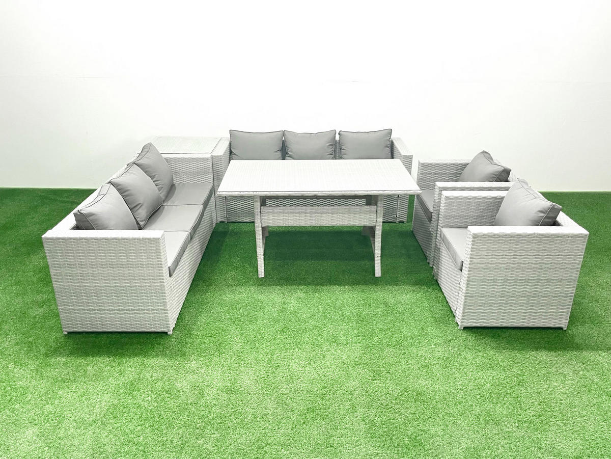 GARTENMÖBEL SET mit 3-Sitzer-Sofa und 2 Stühle, Esstisch,Beistelltisch Polyrattan Hellgrau 8-Sitzer - Hellgrau/Grau, Glas/Kunststoff - Fimous