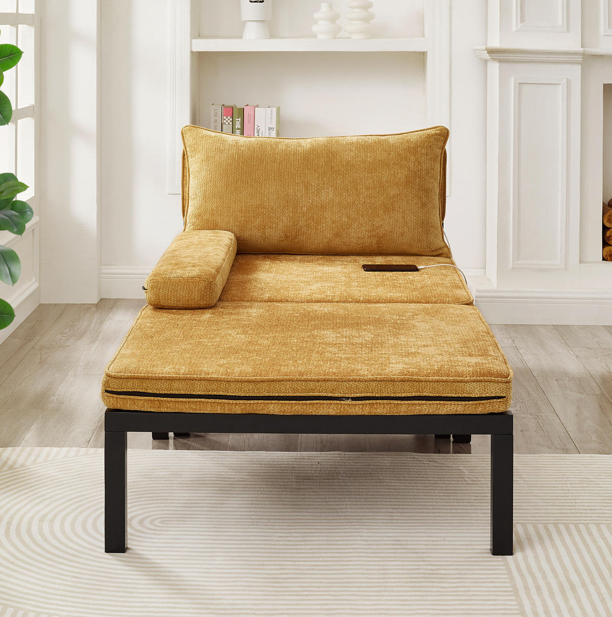 SCHLAFSESSEL mit Schlaffunktion, USB- und Type-C-Anschluss, platzsparendes 2-in-1-Design, Gelb - Gelb, Textil (82/79/176cm) - Redom