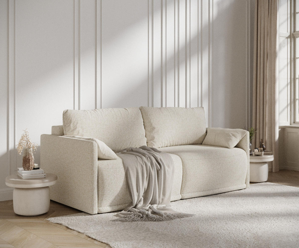 SCHLAFSOFA MIT ECKSOFA-FUNKTION Nappa Creme Plüschstoff - Creme/Schwarz, Holz/Holzwerkstoff (215/100/112cm) - Maison de Reve