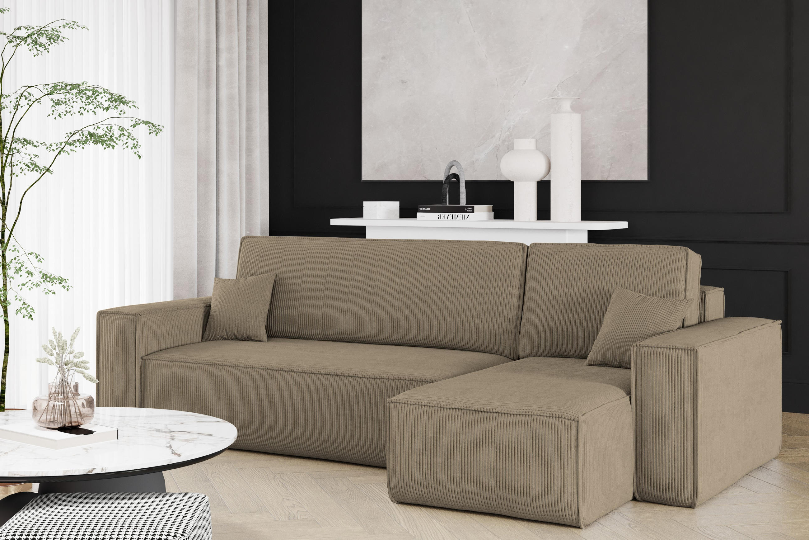 ECKSOFA Mit Schlaffunktion Und Bettkasten BEST Stoff Poso Dicker Cord Dunkelbeige Rechts - Cappuccino, Holz/Textil (244/142cm) - Kaiser Möbel