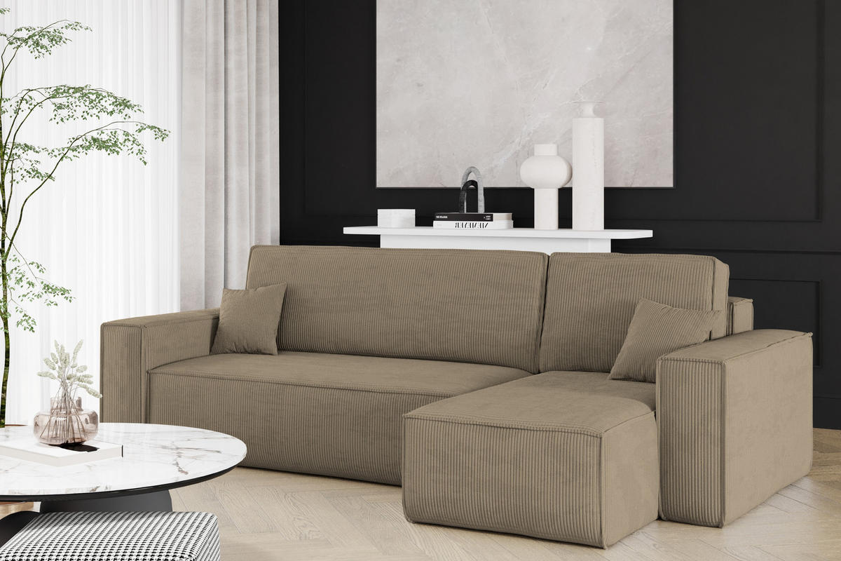 ECKSOFA Mit Schlaffunktion Und Bettkasten BEST Stoff Poso Dicker Cord Dunkelbeige Rechts - Cappuccino, Holz/Textil (244/142cm) - Kaiser Möbel