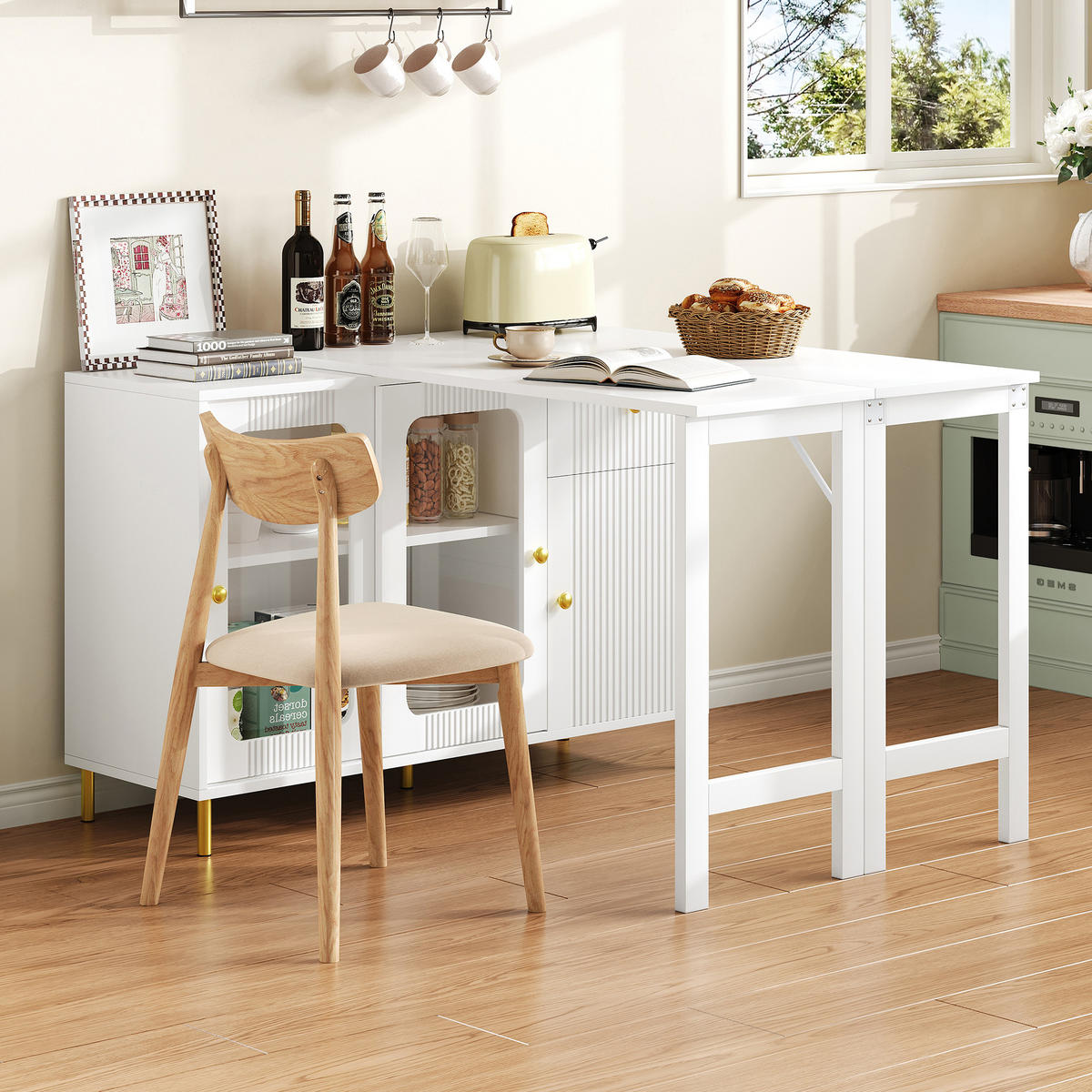 SIDEBOARD 116/40/78,5 cm in Weiß mit Auszugstisch, Glastüren & Schubladen - Weiß, Holzwerkstoff (116/78/40cm) - BEAOK