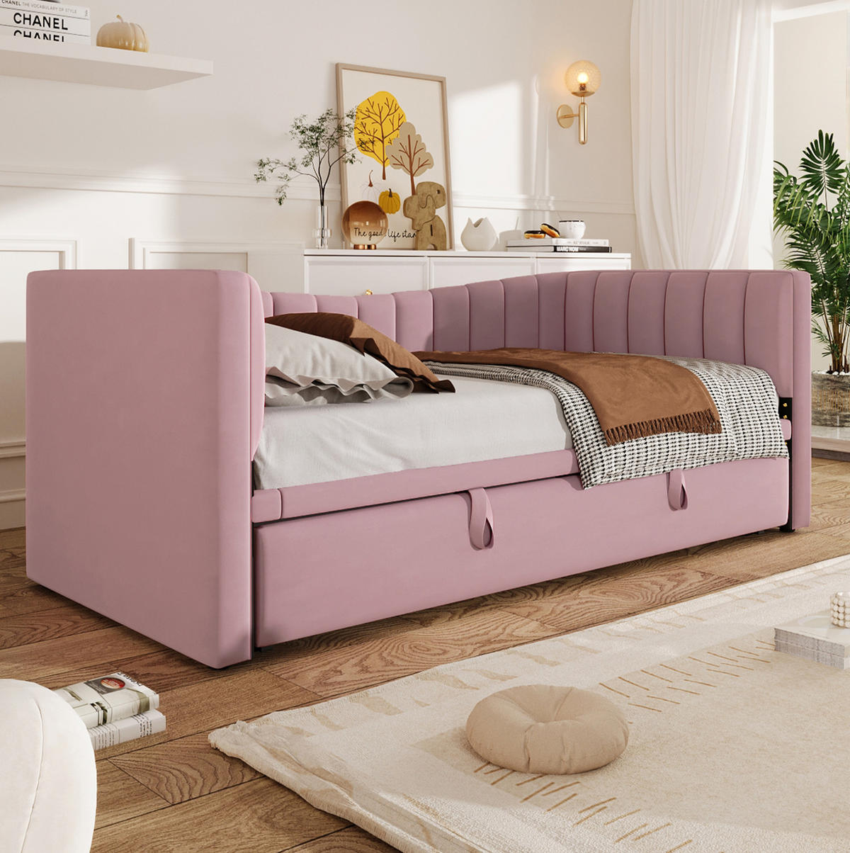 SAMT-POLSTERBETT 90/200 cm mit Ziehbett in Rosa - Rosa, Textil (180/200cm) - BEAOK