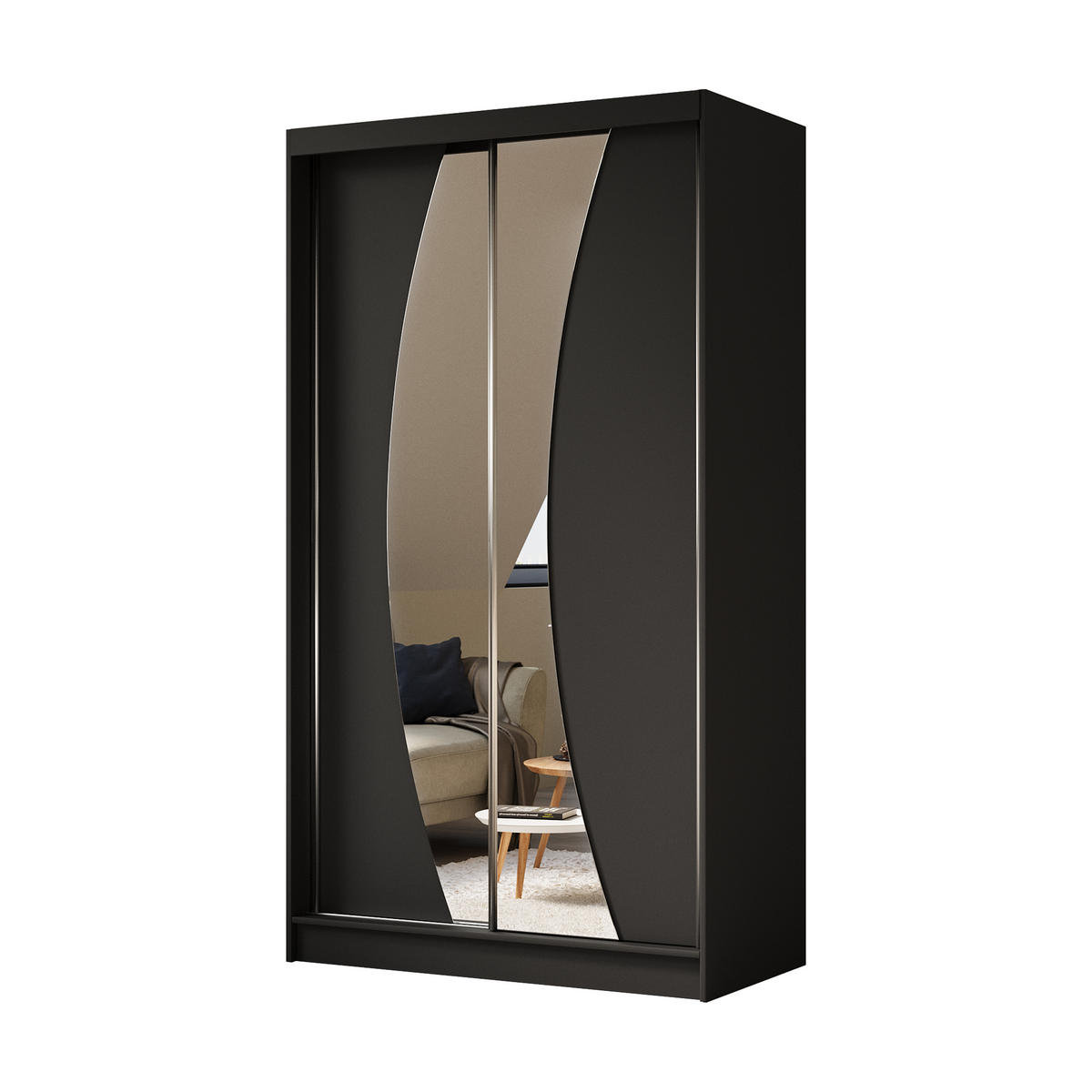 KLEIDERSCHRANK mit Spiegel-Schiebetüren und Aluminium-Leisten, LED-Beleuchtung - VOXI - 120 cm Schwarz - Schwarz, Holzwerkstoff (120/216/61cm) - ALTDECOR