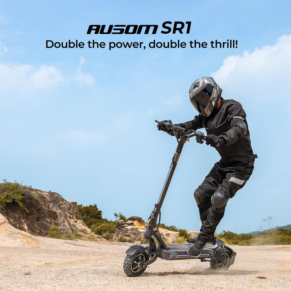 E-SCOOTER Ausom SR1 Dual Motor mit 2000W Leistung, 95 km Reichweite, NFC-Entsperrung, hydraulischen Bremsen und Offroad-Design - Dunkelgrau, Metall (62cm)