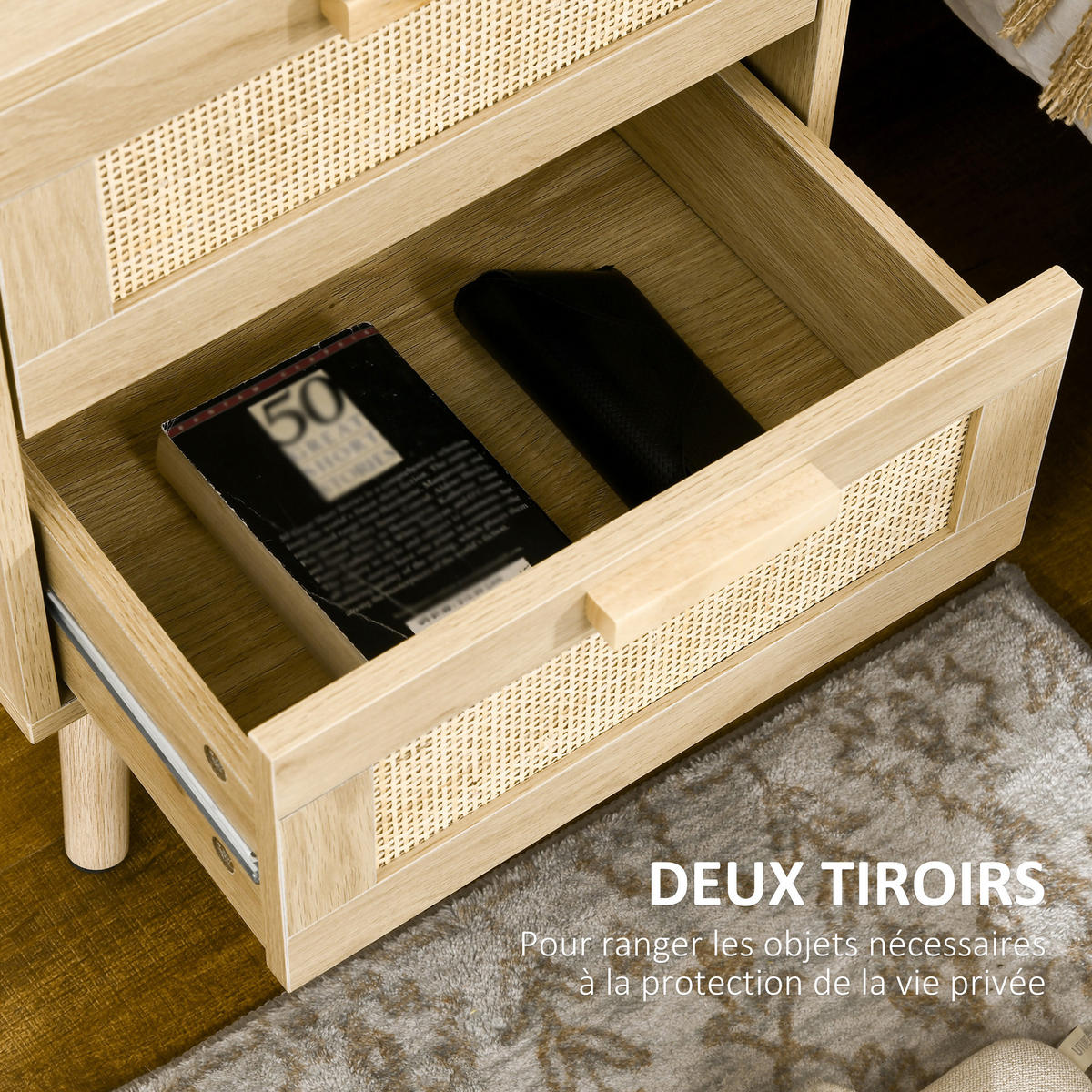 NACHTSCHRANK 2er-Set DE-12815 2 Schubladen mit Rattan Naturholz - Naturfarben, Holzwerkstoff (40/56/40cm) - ComfortXL