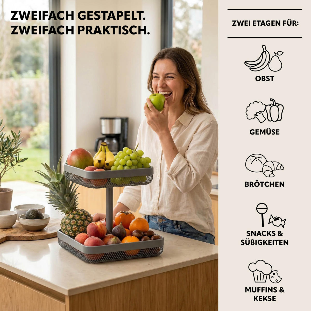 OBSTETAGERE eckig, 2-stöckig, 20 x 20 cm und 30 x 30 cm, grau, Metall - Grau, Metall (31cm) - eluno