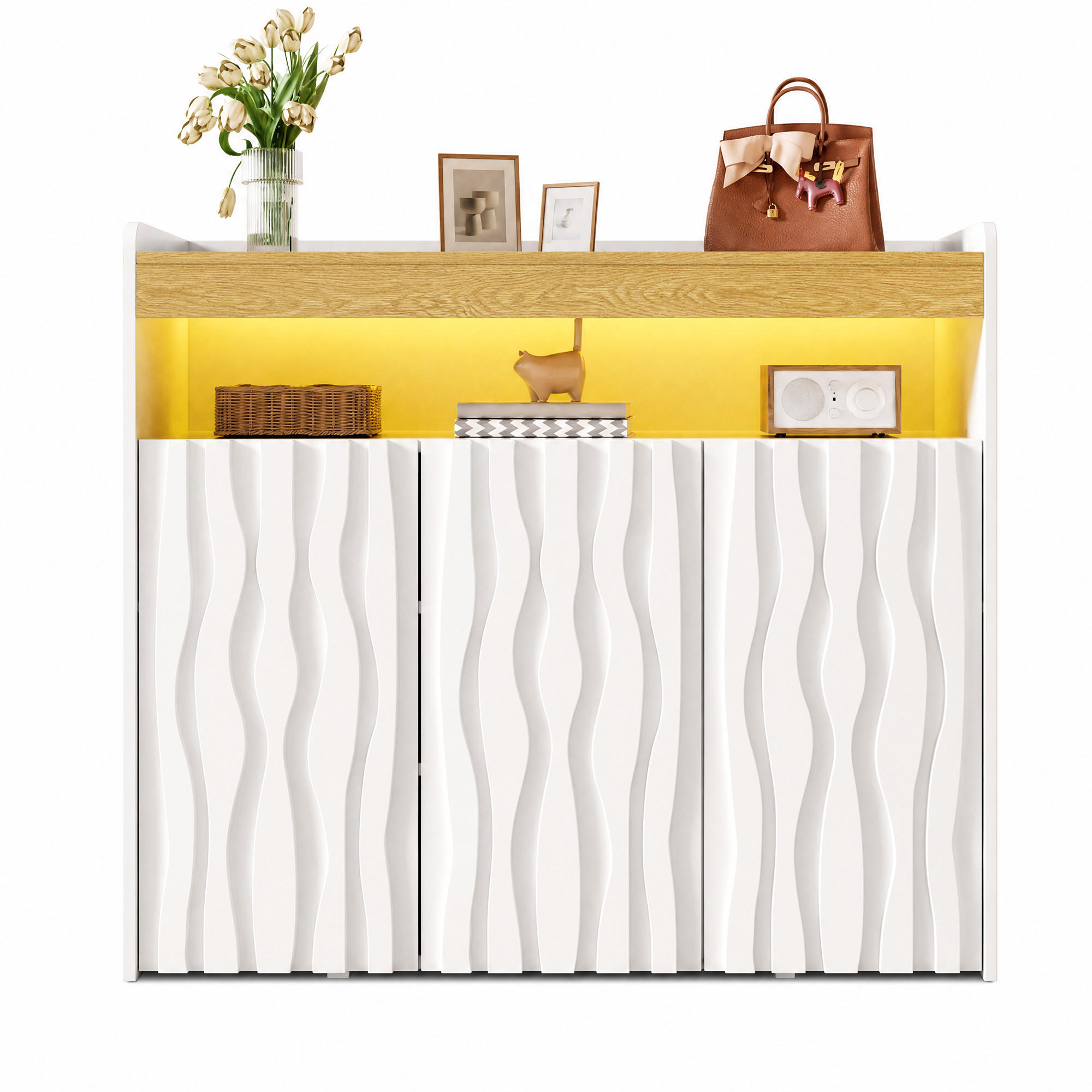 SIDEBOARD Schuhschrank LED 3 Türen Wellenmuster Ablagen 105cm - Multicolor, Holzwerkstoff (105/90.5/35cm) - FLIEKS
