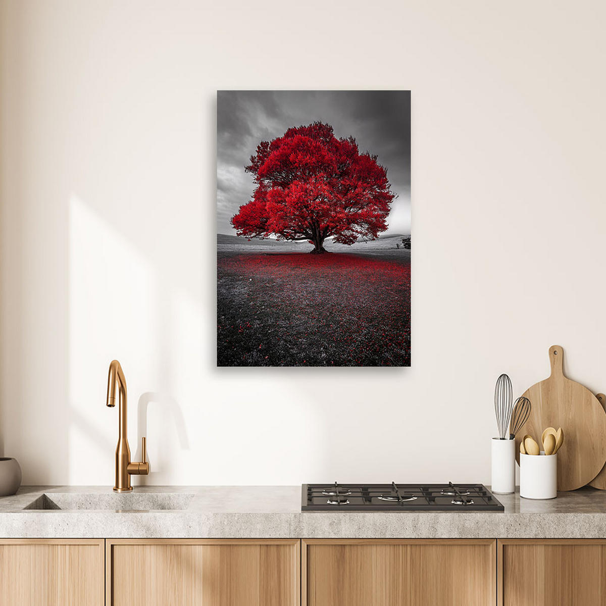 LEINWANDBILD Moderne Landschaft mit rotem Baum 60x90cm - Grau, Textil (60/90cm) - Feeby