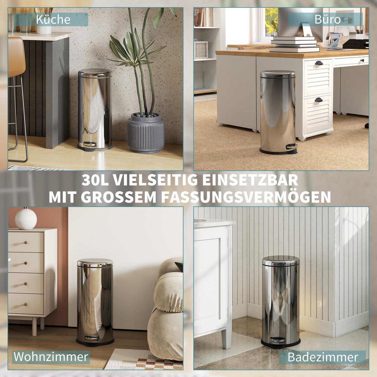 MÜLLEIMER DE-08914 30 L Treteimer mit Softclose und Inneneimer Silber - Silberfarben, Metall (29.2/62.9/29.2cm) - ComfortXL