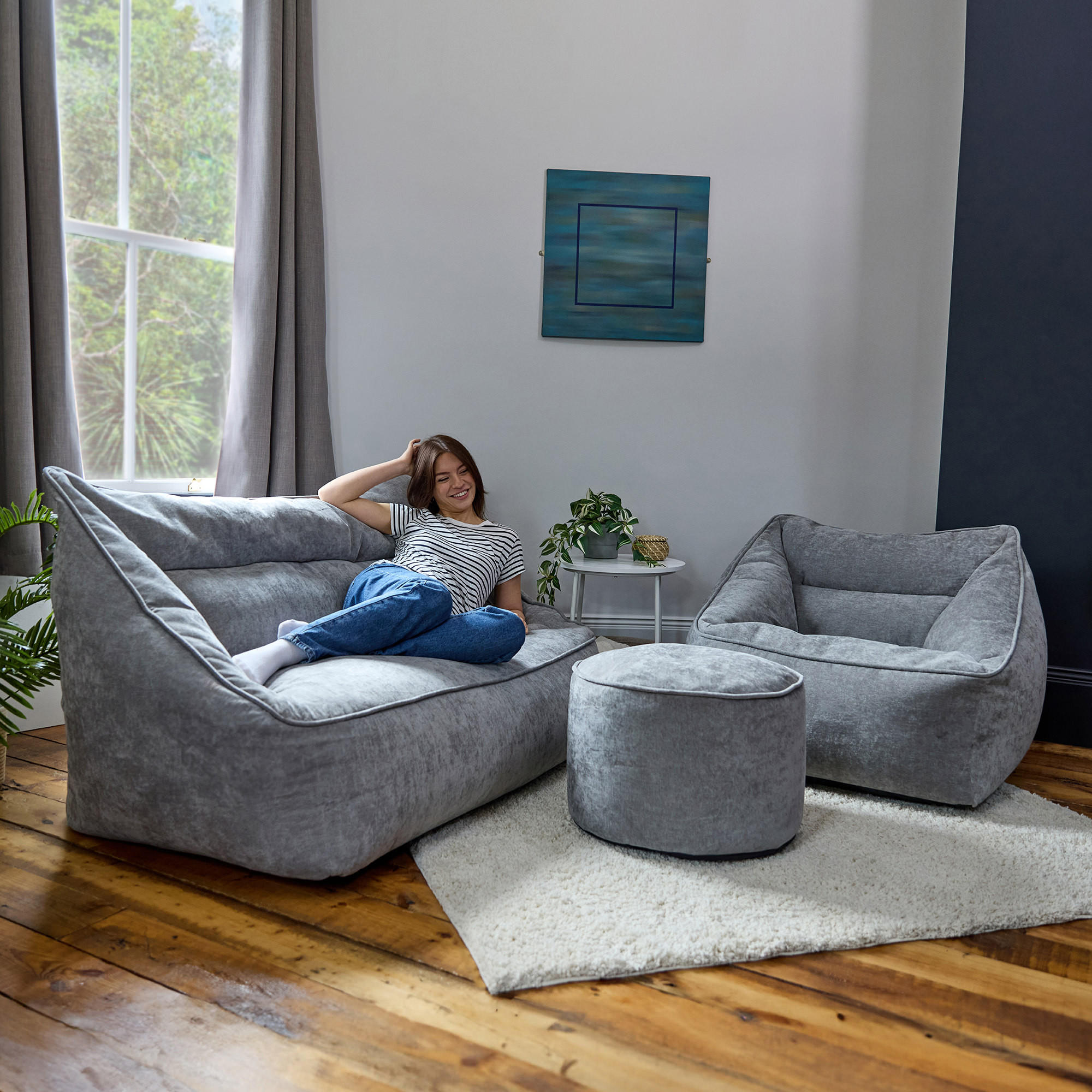 SITZSACK-SET 3 tlg, Sofa Chenille Cecilia, Sitzsack Sessel mit Hocker - Grau, Kunststoff/Textil (160/70/93cm) - icon