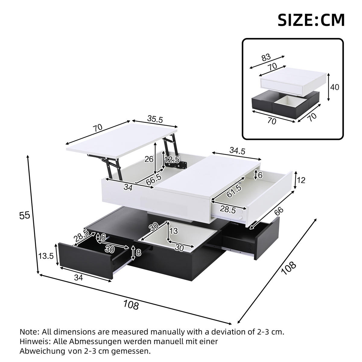 COUCHTISCH 70/70cm mit drehbarer Tischplatte 3 Schubladen in Hochglanz Schwarz-Weiß - Weiß, Holzwerkstoff (70/70/40cm) - OKWISH