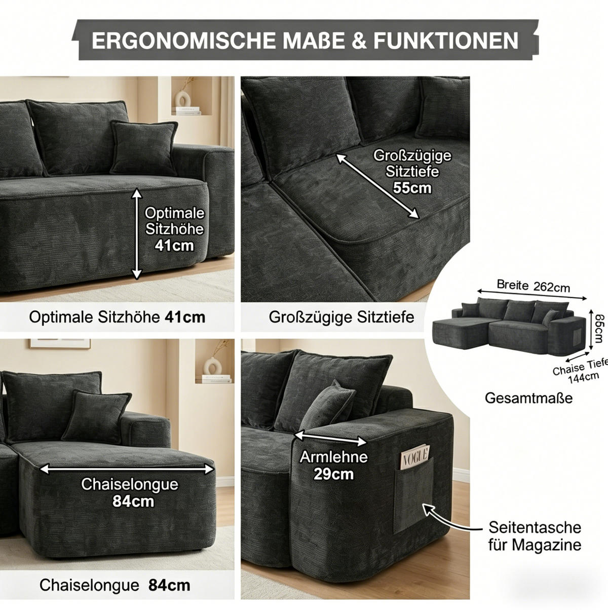 ECKSOFA 264 cm aus Chenille mit modularem L-Form-Design Schwarz - Schwarz, Textil (144/262cm) - Modenvie