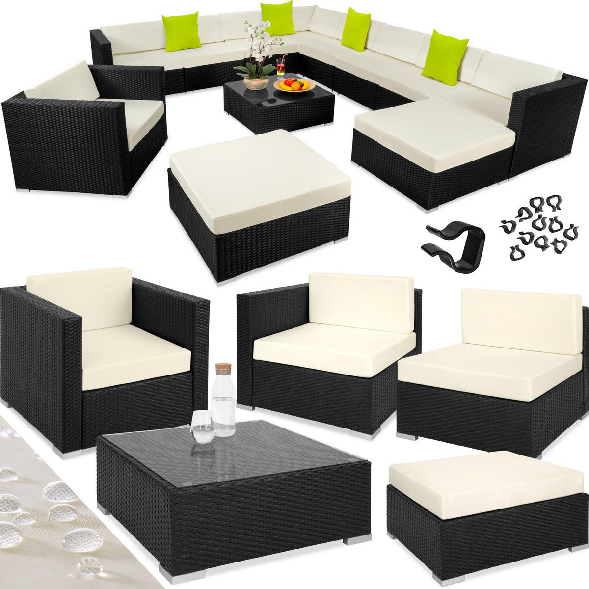 RATTANLOUNGE Las Vegas,mit Sicherheitsglasplatte,schwarz - Schwarz, Kunststoff - tectake