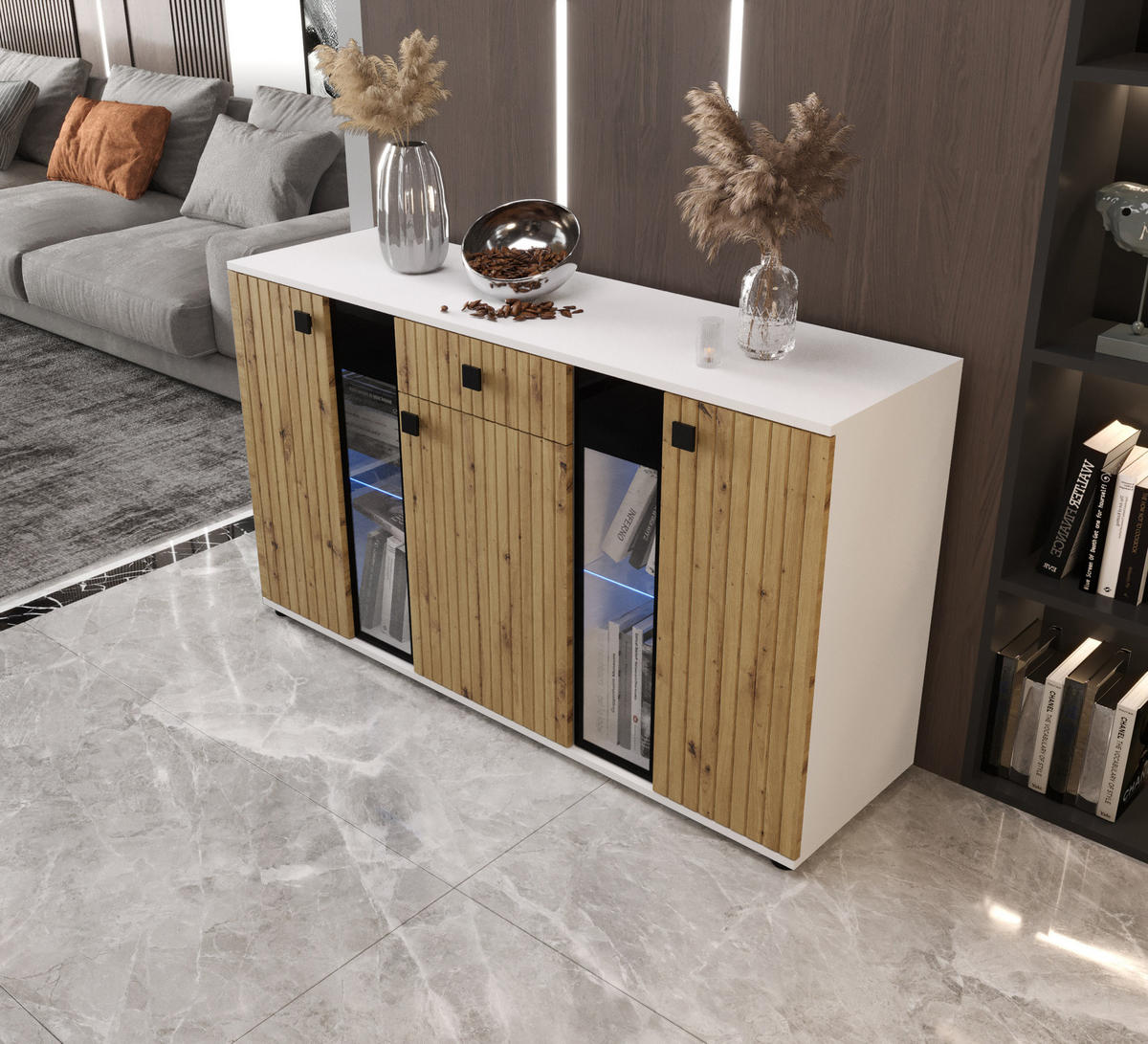 KOMMODE London LSMK LAMELE mit 3 Türen, Sideboard in Farbe: Braun|Weiß, Größe: 140 x 80 x 40 cm - Braun/Weiß, Holzwerkstoff (140/80/40cm) - O-Sofa