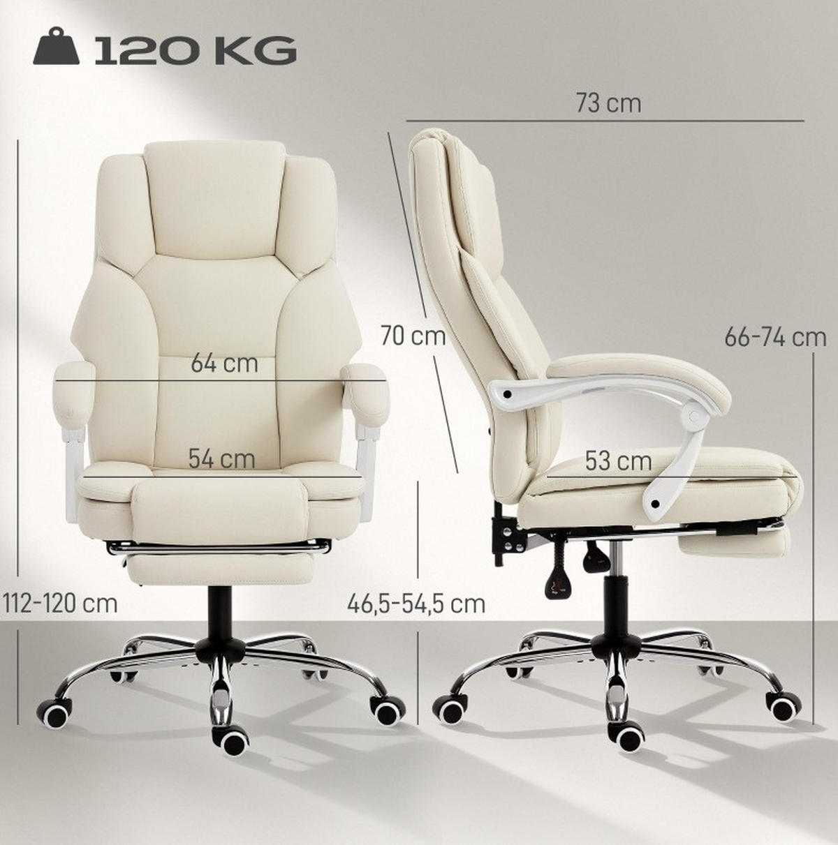 BÜROSTUHL in Beige 64x73x120 cm mit verstellbarer Rückenlehne und ausziehbarem Fußteil - Beige, Kunststoff (73/120/64cm) - IVMEU