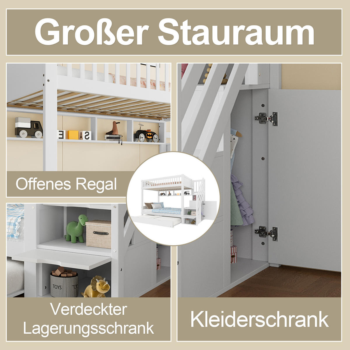 ETAGENBETT 90/200 cm mit Ausziehbett, Kleiderschrank, Regal und Stauraumtreppe aus Kiefern , Weiß - Weiß, Holzwerkstoff (90/200cm) - Redom