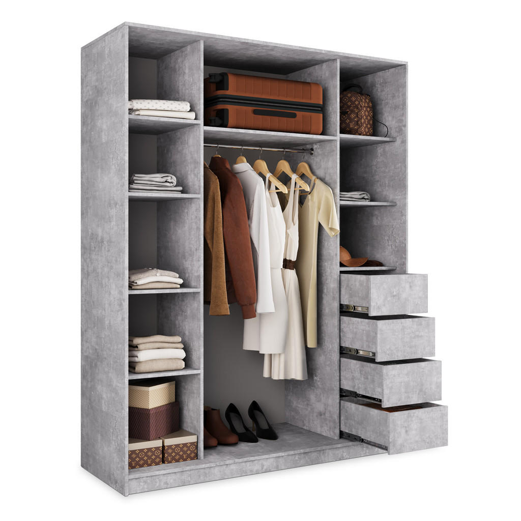 Thumbnail - Masseno Schwebetürenschrank, Titan, Silber, Holzwerkstoff, 9 Fächer, 4 Schubladen, Rechteckig, 150x205x58 cm, Schlafzimm...