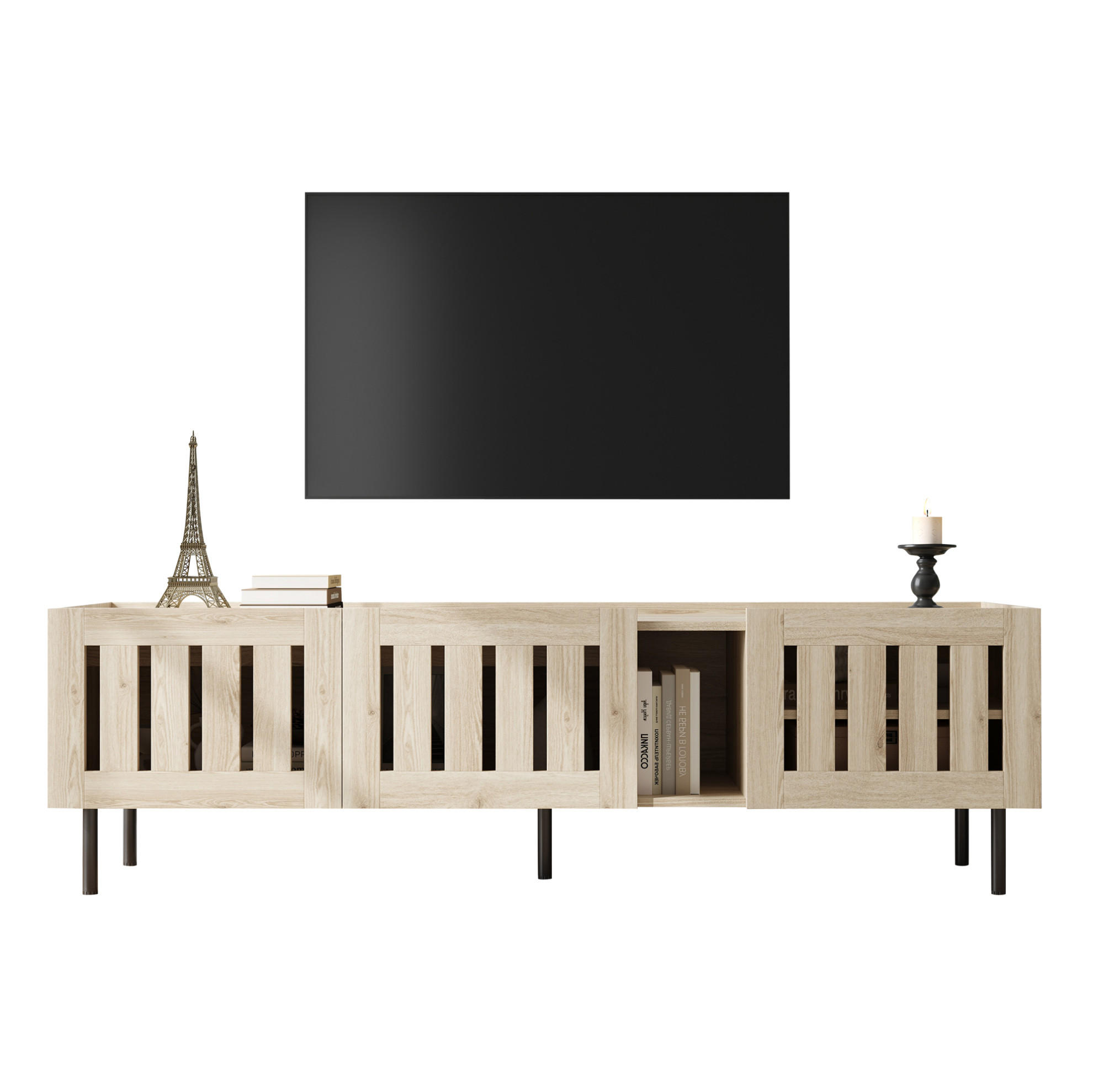 TV-LOWBOARD aus MDF 160x40x47 cm Natur mit Kabeldurchführung und Lamellentüren - Hellbraun, Holzwerkstoff (160/47/40cm) - Modfu
