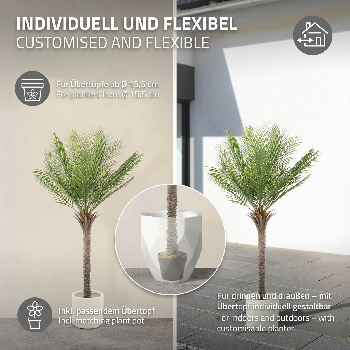 KUNSTPFLANZE Palme - Anthrazit/Grün, Holz/Kunststoff (150cm) - ML-DESIGN