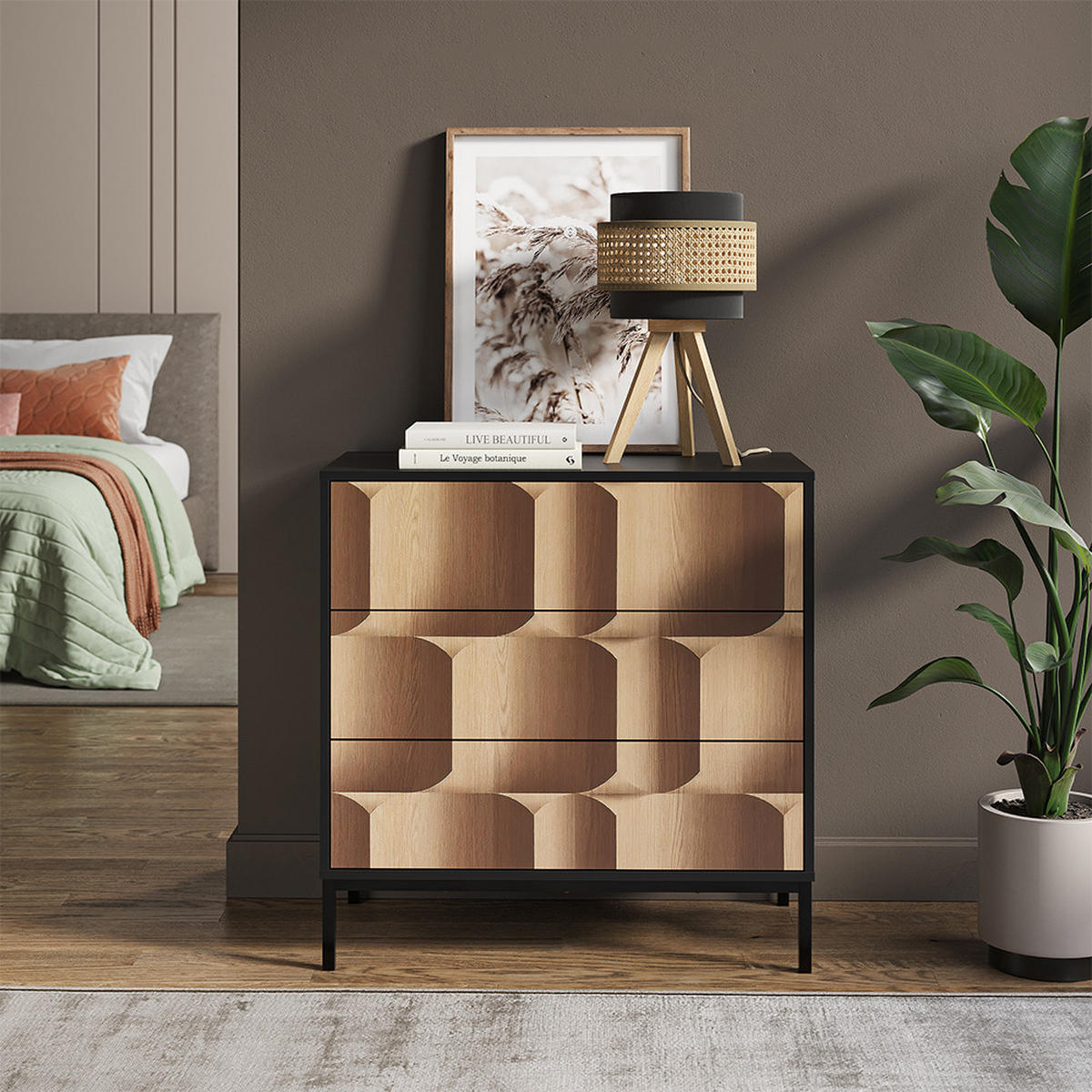 KOMMODE Eliza Schwarz/Eiche 80 x 81.2 cm mit 3 Schubladen - Eichefarben/Schwarz, Holzwerkstoff (80/81.2/40cm) - Vicco