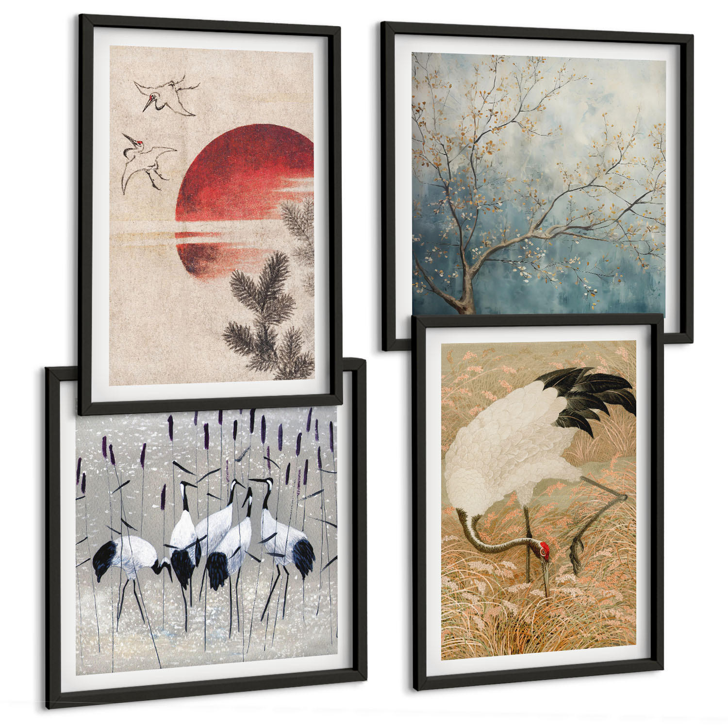 BILDER SET 4er Set - 50x50 cm & 40x60 cm Schwarzer Rahmen - Japanische Kraniche Landschaft - Schwarz, Kunststoff (50/50cm) - TULUP