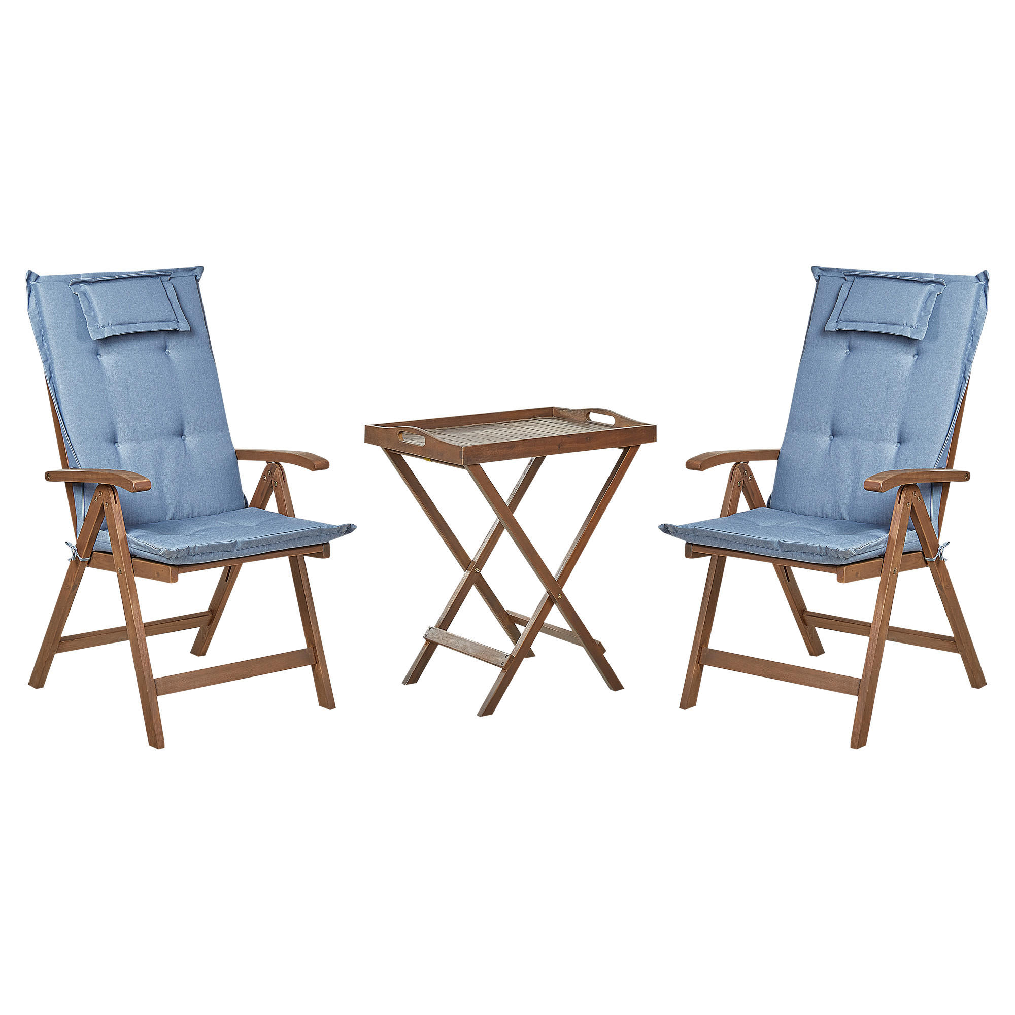 BALKONSET 2-Sitzer Akazienholz dunkelbraun verstellbar Auflagen blau Amantea - Blau/Dunkelbraun, Holz/Textil - Beliani