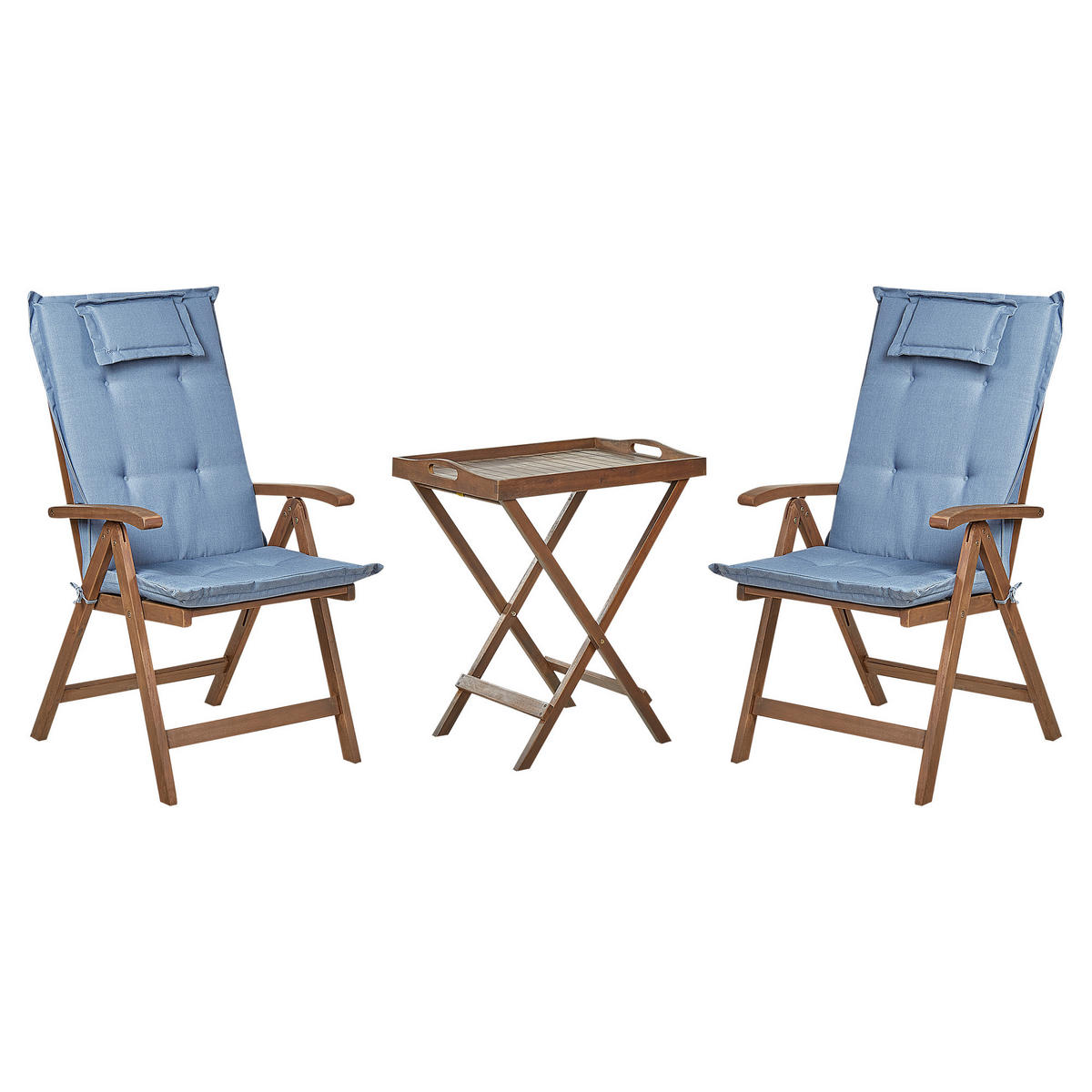 BALKONSET 2-Sitzer Akazienholz dunkelbraun verstellbar Auflagen blau Amantea - Blau/Dunkelbraun, Holz/Textil - Beliani