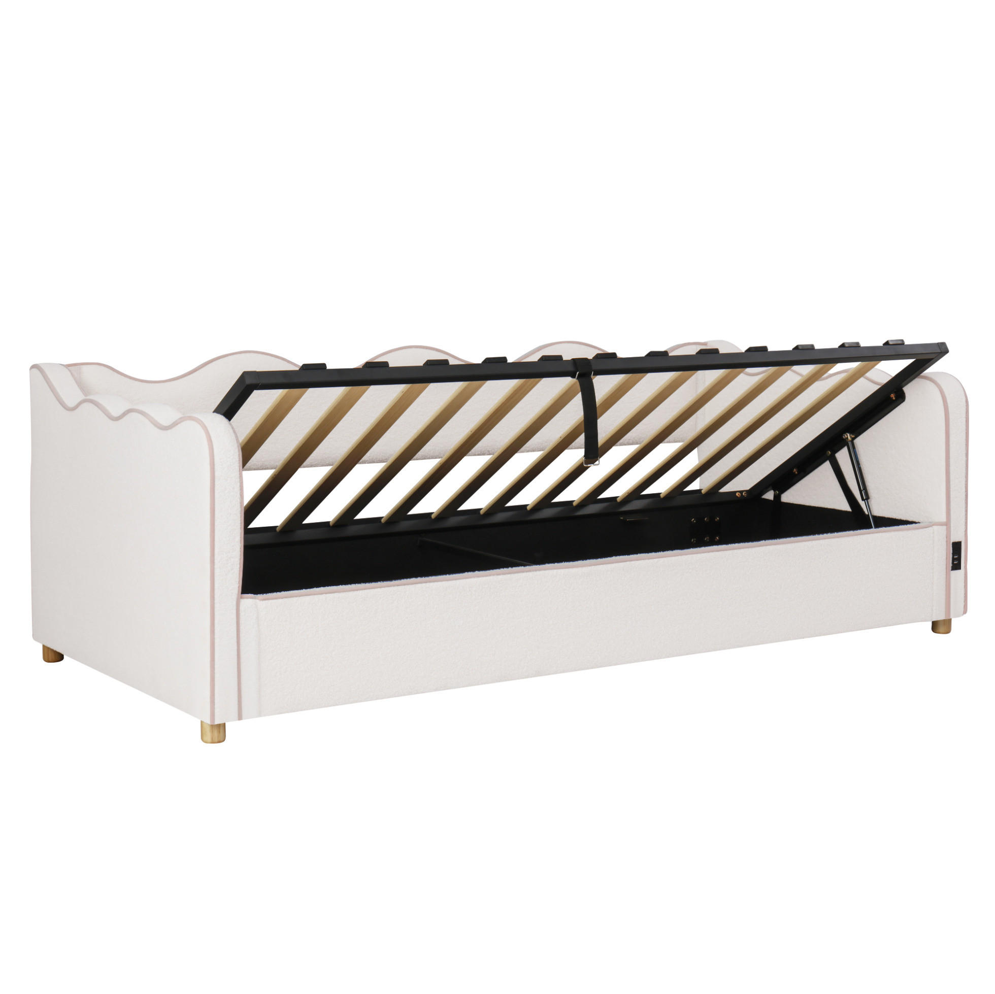 POLSTERBETT 90/200 cm aus Bouclé mit hydraulischem Stauraum und USB-Anschluss Beige - Beige, Textil (90/200cm) - Modenvie