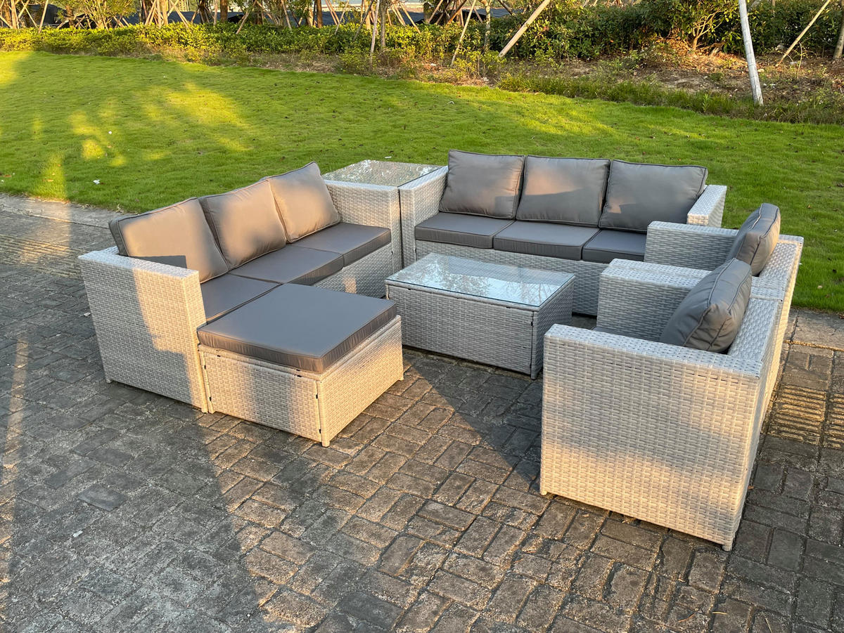 GARTENMÖBEL SET mit Couchtisch Polyrattan Helles Grau 9-Sitzer - Hellgrau, Metall - Fimous