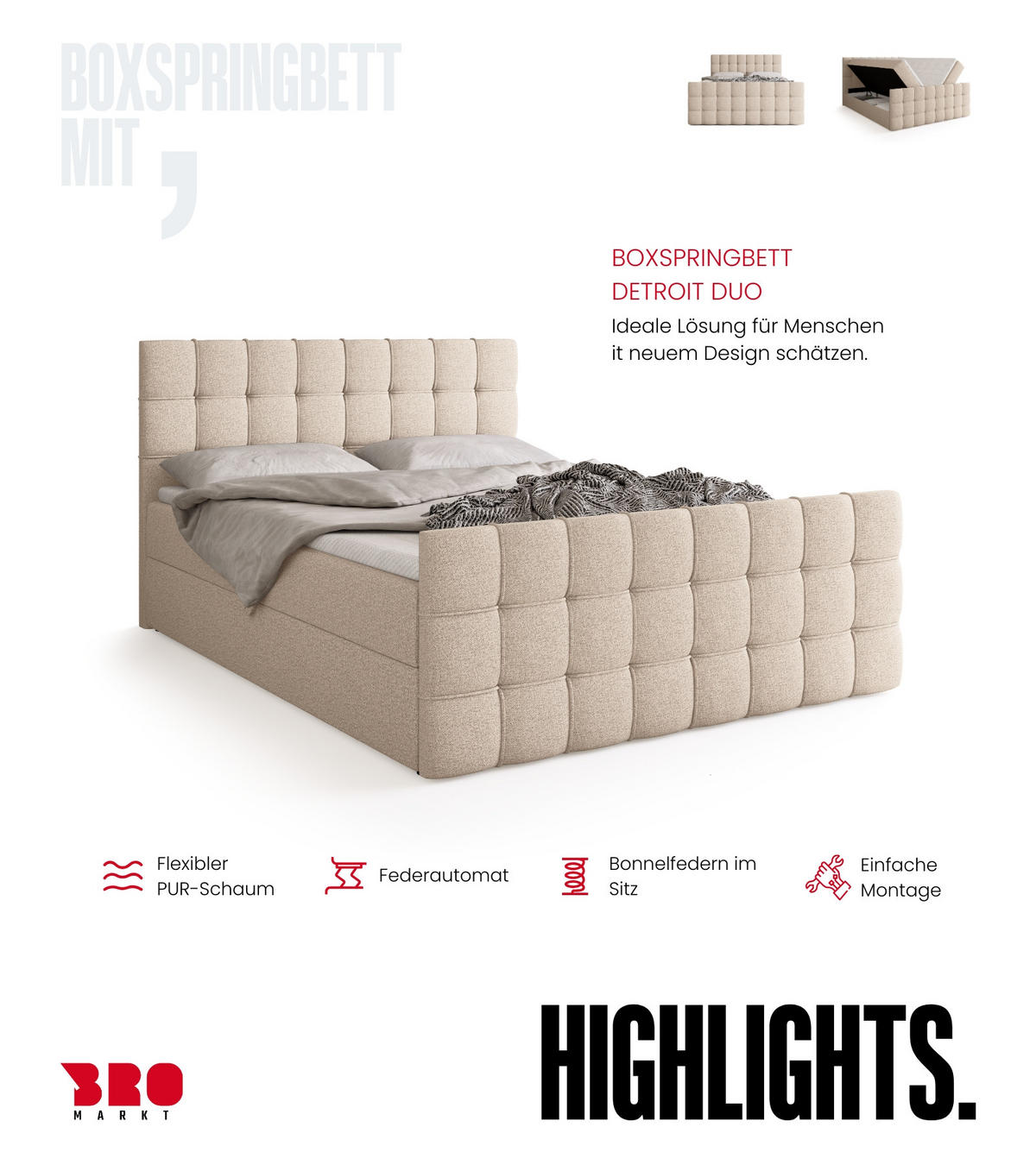 BOXBETT Detroit Duo mit Topper 180/200 Hellbeige - Ecru, Textil (180/200cm) - Bromarkt