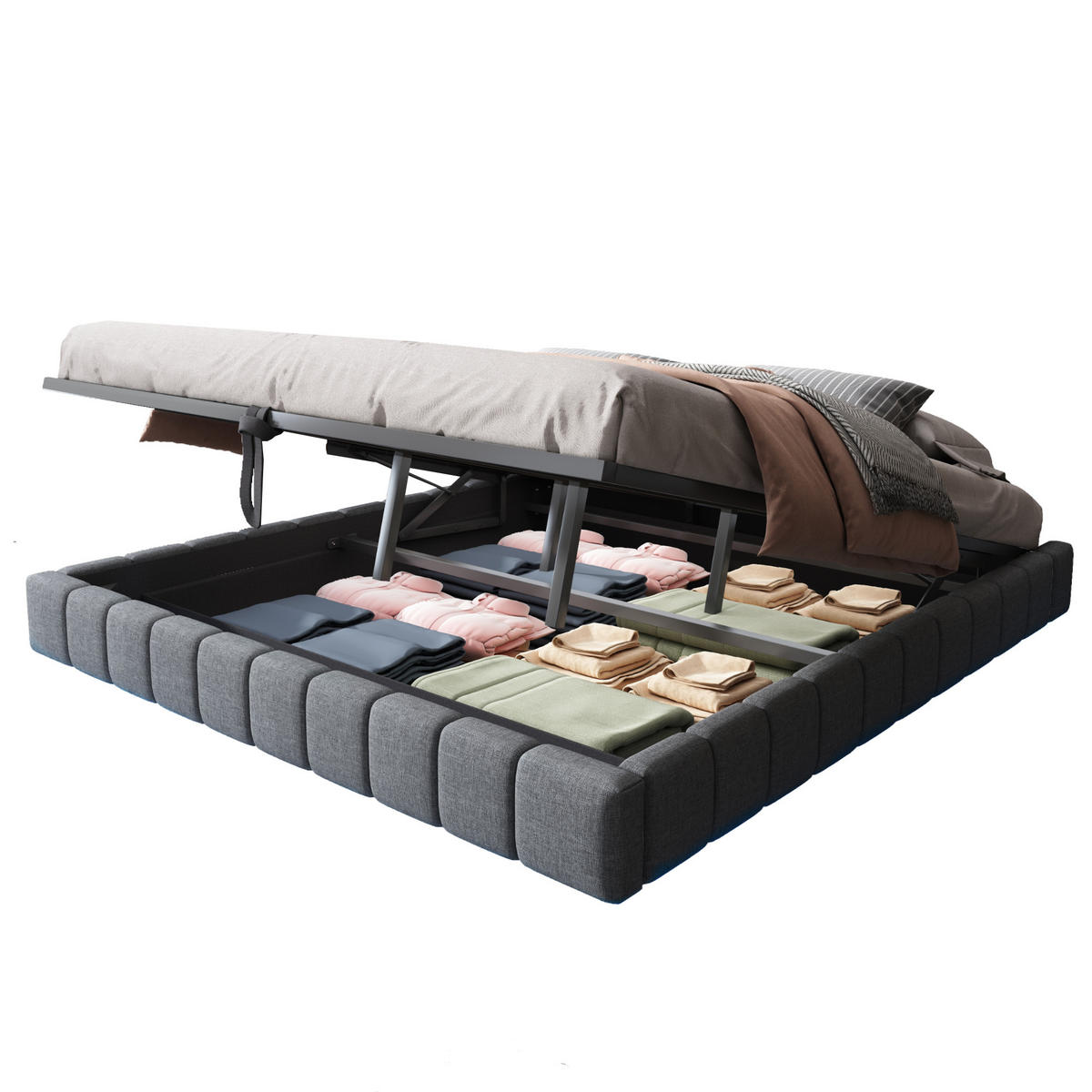 POLSTERBETT 180/200 cm Grau mit Stauraum und LED-Beleuchtung aus Leinen - Grau, Textil (180/200cm) - OKWISH