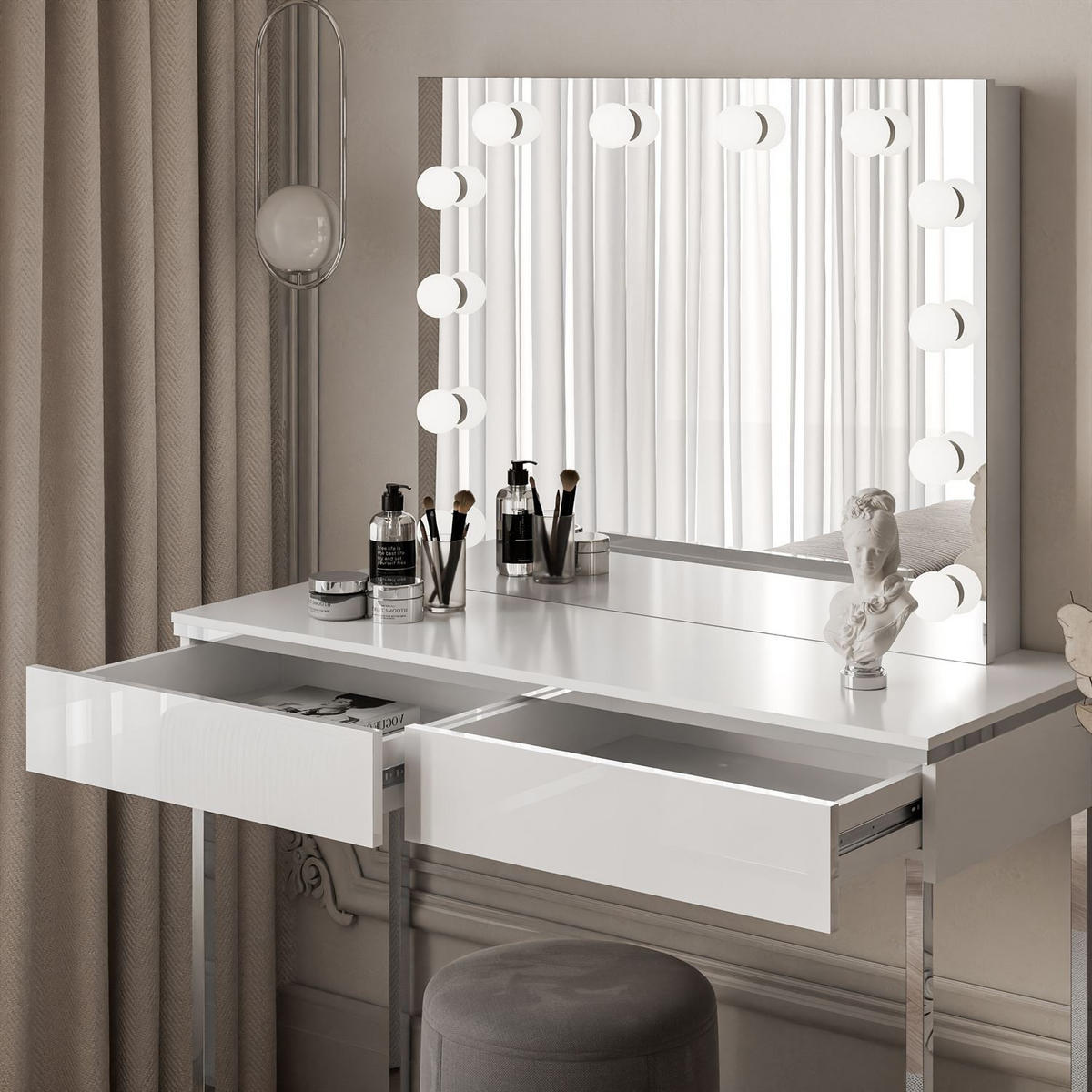 SCHMINKTISCH AURORA SILVER ELITE mit Spiegel Hochglanz Weiß - Weiß Hochglanz, Holzwerkstoff (102/78.5/43.6cm) - Lookway