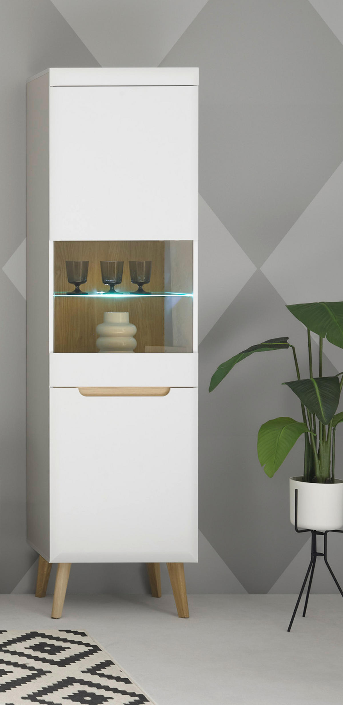 VITRINE weiß, Eiche, skandinavisch 53 x 197 cm, Vitrinenschrank mit Soft-Close - Eichefarben/Weiß, Glas/Holz (53/197/40cm) - Furn.Design