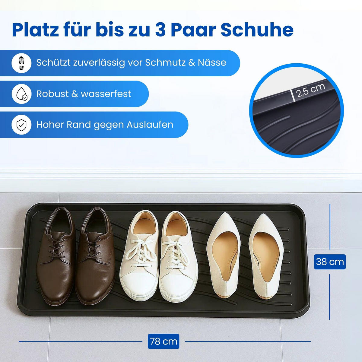 SCHUHABTROPFSCHALE mit hohem Rand (78x38x2,5cm) Schuhablage - wasserdichte Schuhwanne und Abtropfunterlage für Schuhe - Schwarz, Kunststoff (38/78cm) - Bestlivings