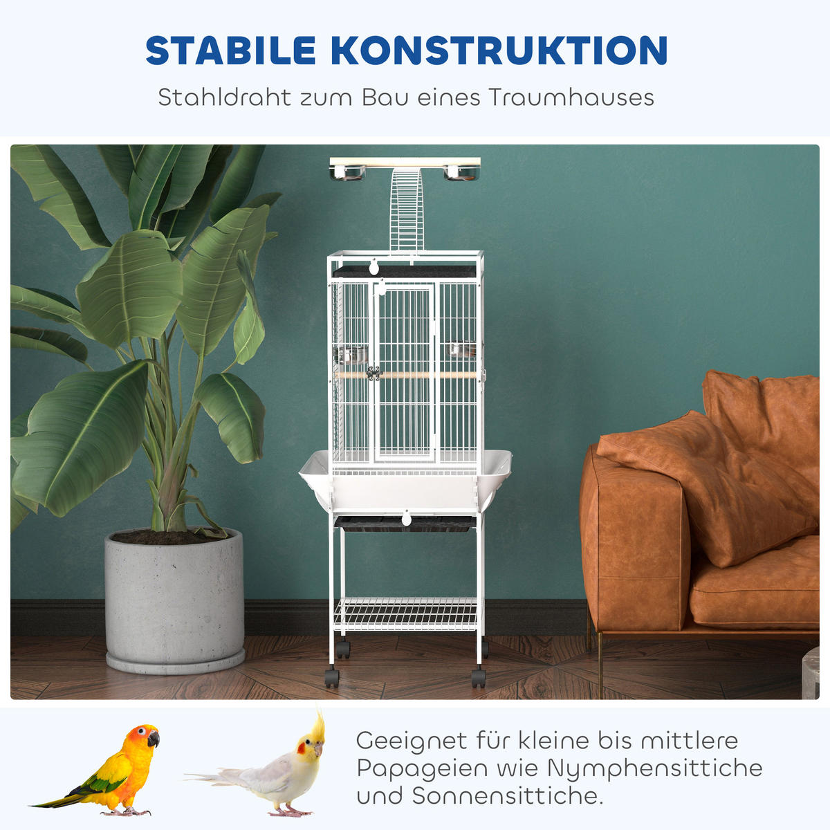 VOGELKÄFIG DE-10842 Papageienkäfig mit 3 Türen & 360° Rollen Weiß - Weiß, Metall (62.5/156/62.5cm) - ComfortXL