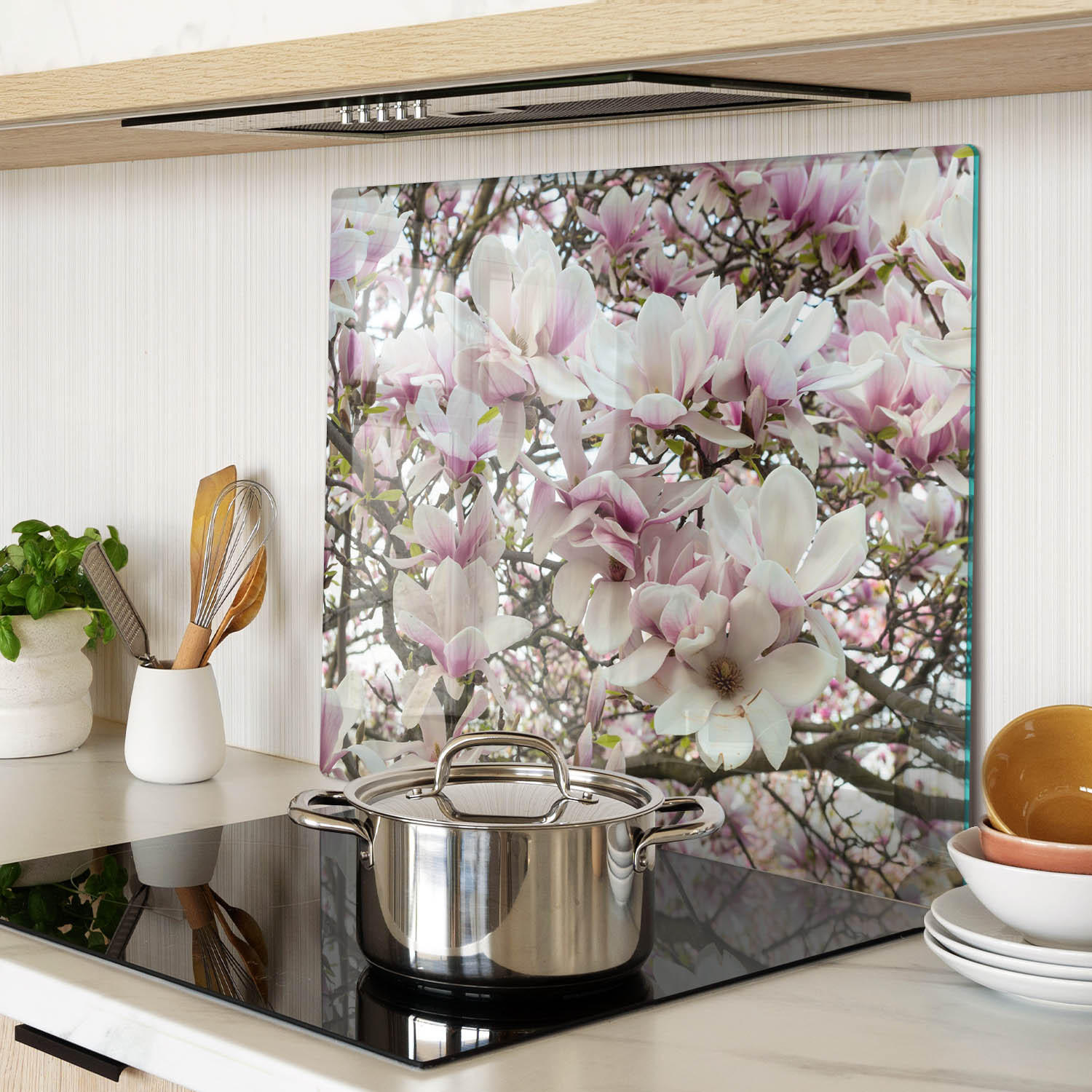 GLASPLATTE 60x52 cm Magnolienblüten - Weiß, Glas (60/0.4/52cm) - TULUP