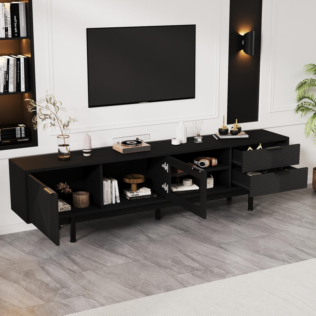 TV-ELEMENT 200 x 40 x 50,5 cm Schwarz mit 2 Türen und 2 Schubladen - Schwarz, Holzwerkstoff (40/50.5/200cm) - Beauniv