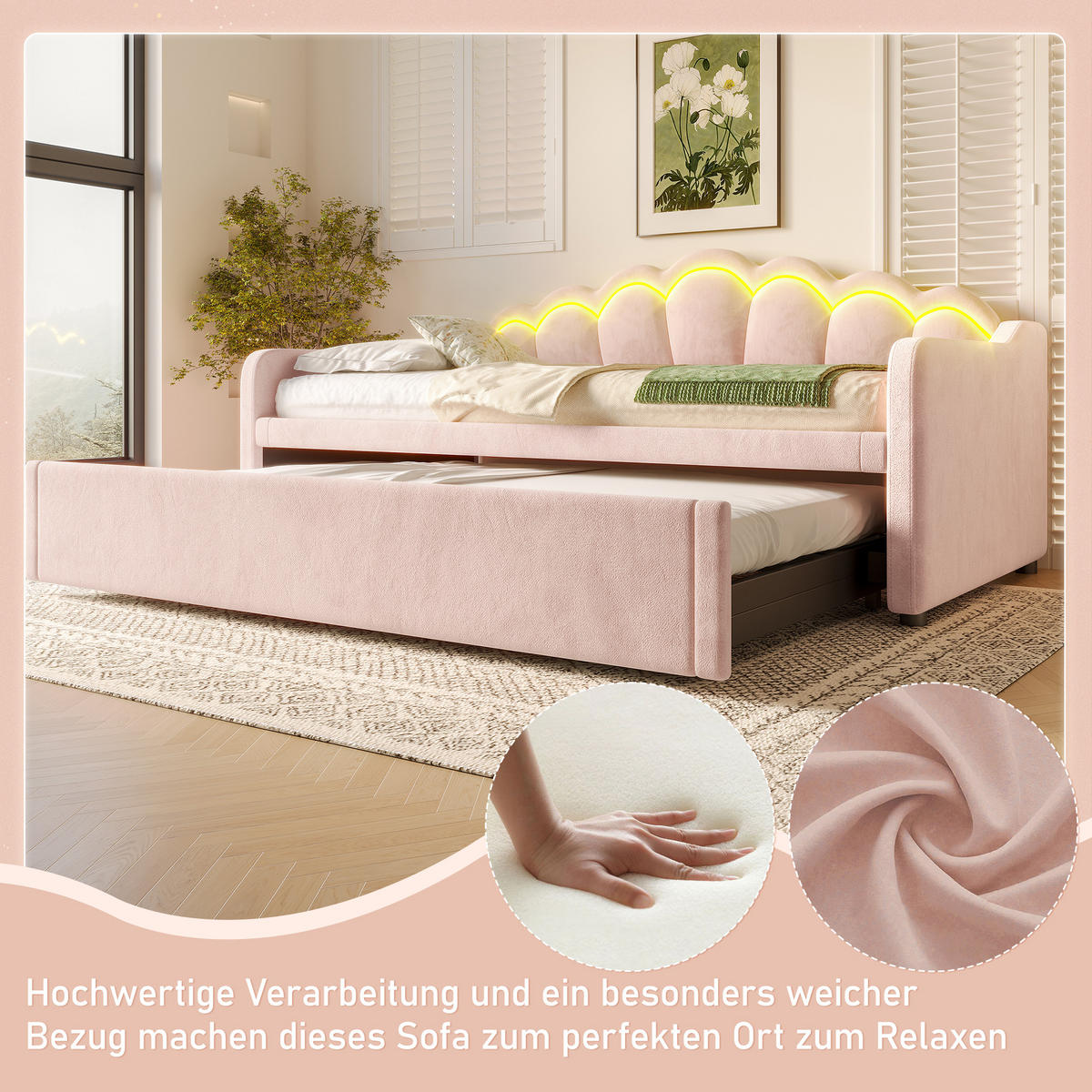 TAGEBETT 90x200cm + 180x200cm Rosa Samt Ausziehbett LED-Streifen - Pink, Holz (180/200cm) - FLIEKS