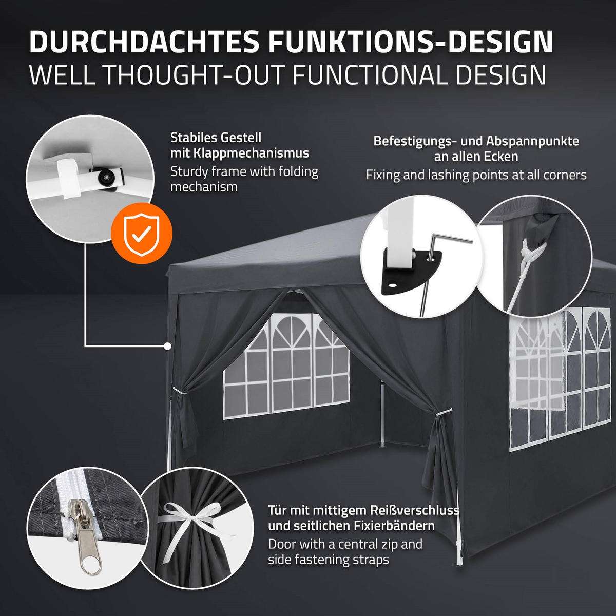 POP UP PAVILON 3x3 m antracitový skládací pavilon, vodotěsný, stabilní, se 4 bočními stěnami - šedá, textil (300/260/300cm) - ECD-Germany